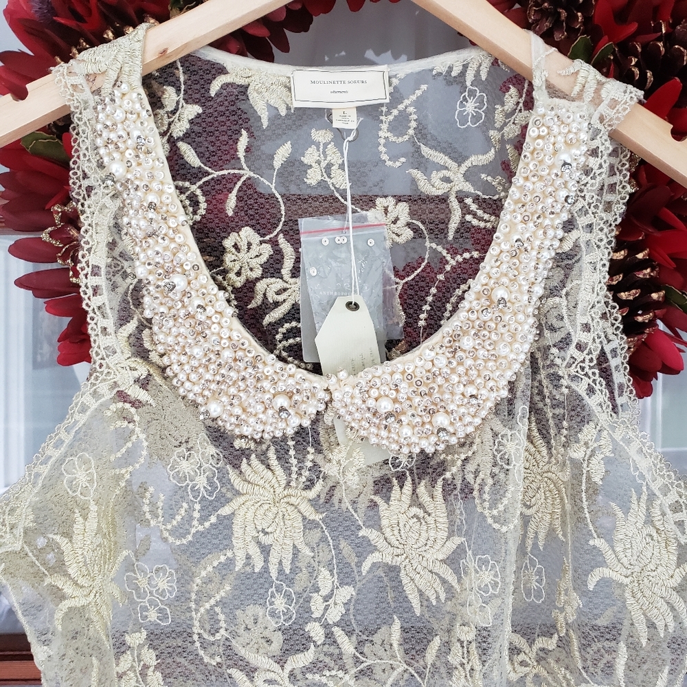 Anthropologie Cream Lace Pearl-Embellished Tank Top